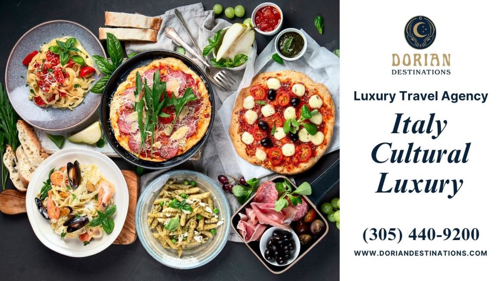 An elegant display of diverse Italian dishes on a table, reflecting the cultural richness and luxurious dining experience of Italy.