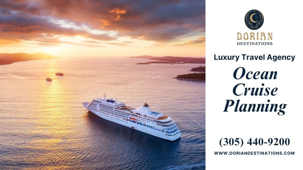 Aerial view of a luxury ocean cruise ship with a backdrop of a gorgeous sunset.