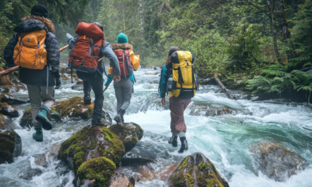 Four individuals with backpacks navigate a river, embodying the essence of expedition travel and outdoor adventure.