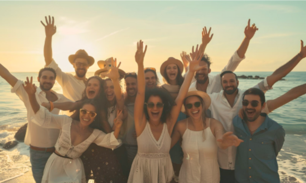 Group of friends enjoying a sunset on the beach during an international corporate event retreat.