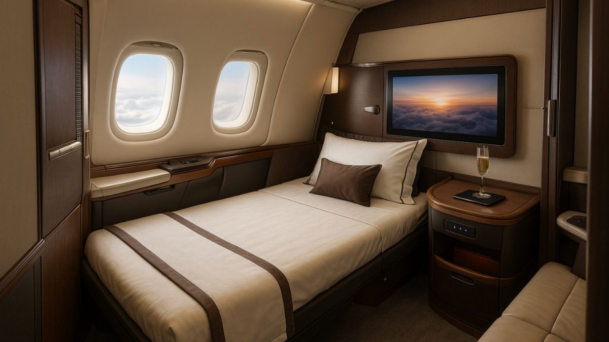 An airplane interior featuring a plush bed and a wall-mounted TV, highlighting luxury travel experiences.