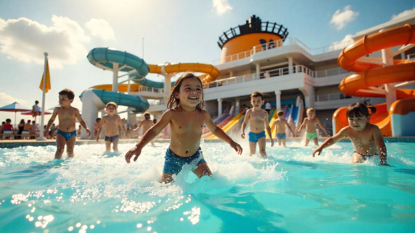 Children splashing in the water at a cruise, enjoying a fun-filled day on an ocean cruise.