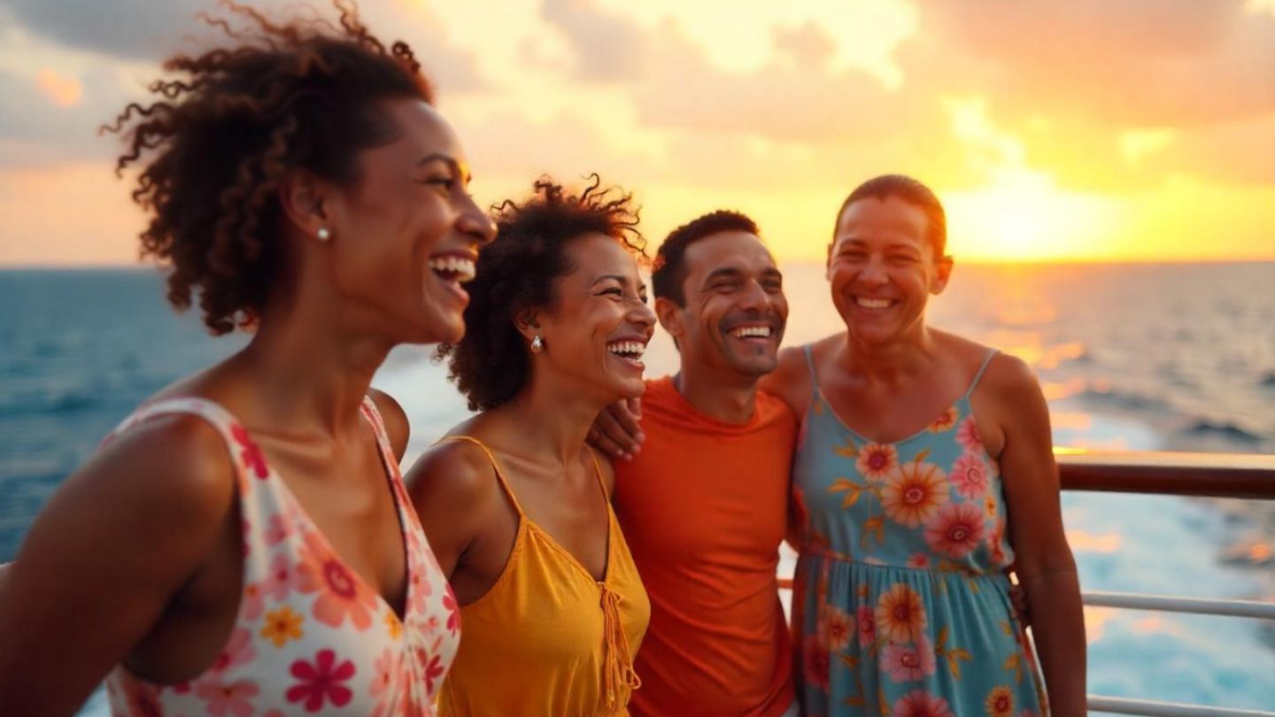 A group of friends enjoying a sunset on a cruise ship, with the ocean in the background, capturing a joyful moment together.