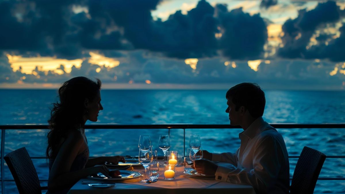 A couple at a candlelit table, enjoying their dining experience on a river cruise.