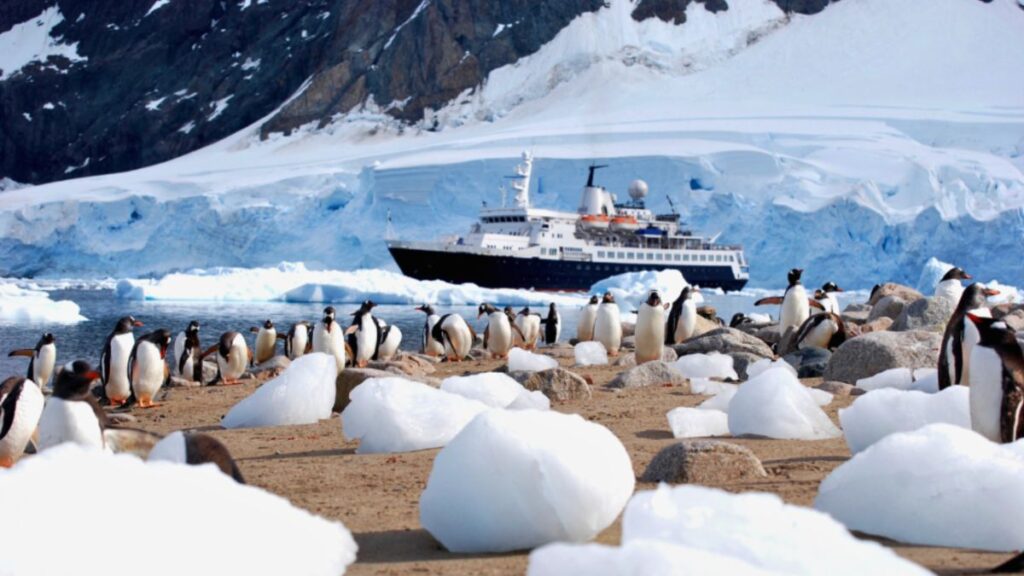 A cruise ship navigating the icy waters of Antarctica, surrounded by towering glaciers and snow-covered landscapes.