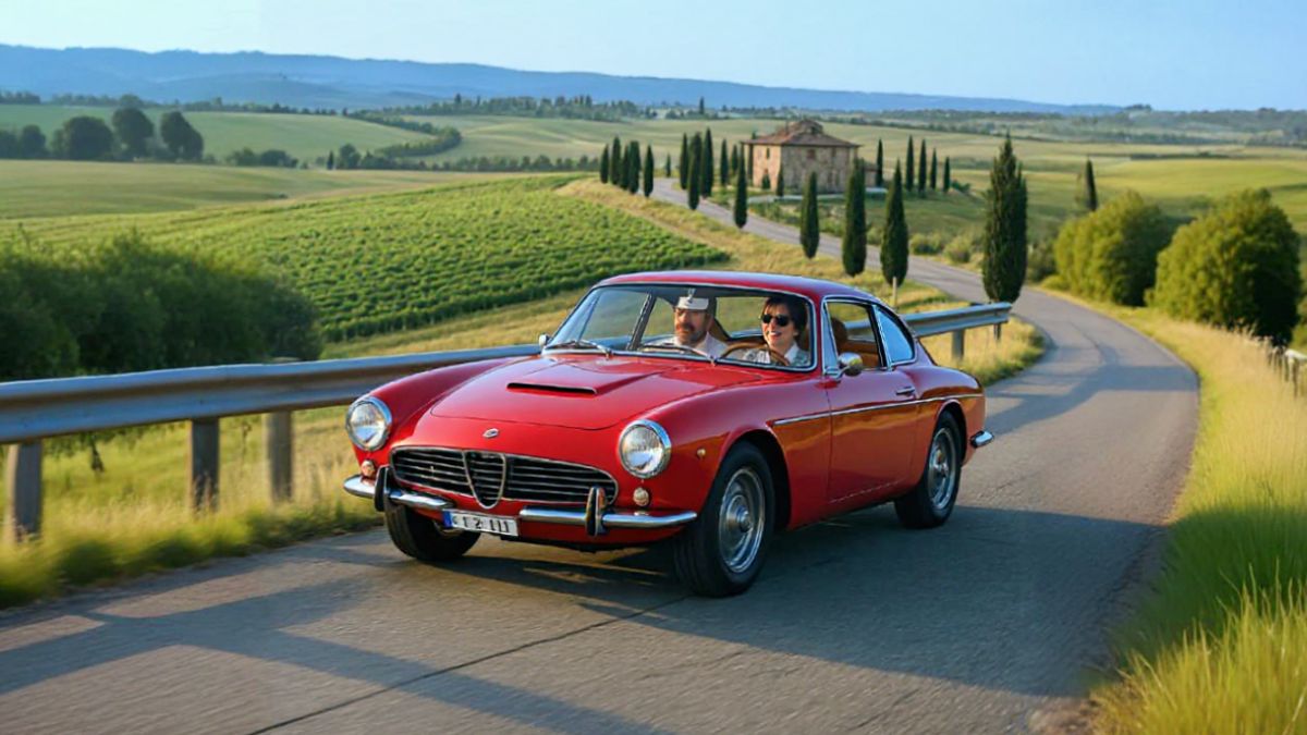 A vibrant red sports car drives along a winding road through the Tuscan countryside, surrounded by rolling hills and cypress trees.