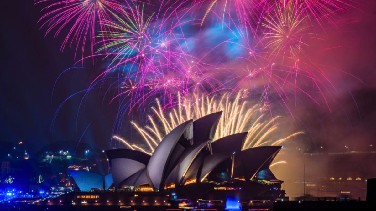 Spectacular fireworks light up the sky above the Sydney Opera House, marking the New Year.