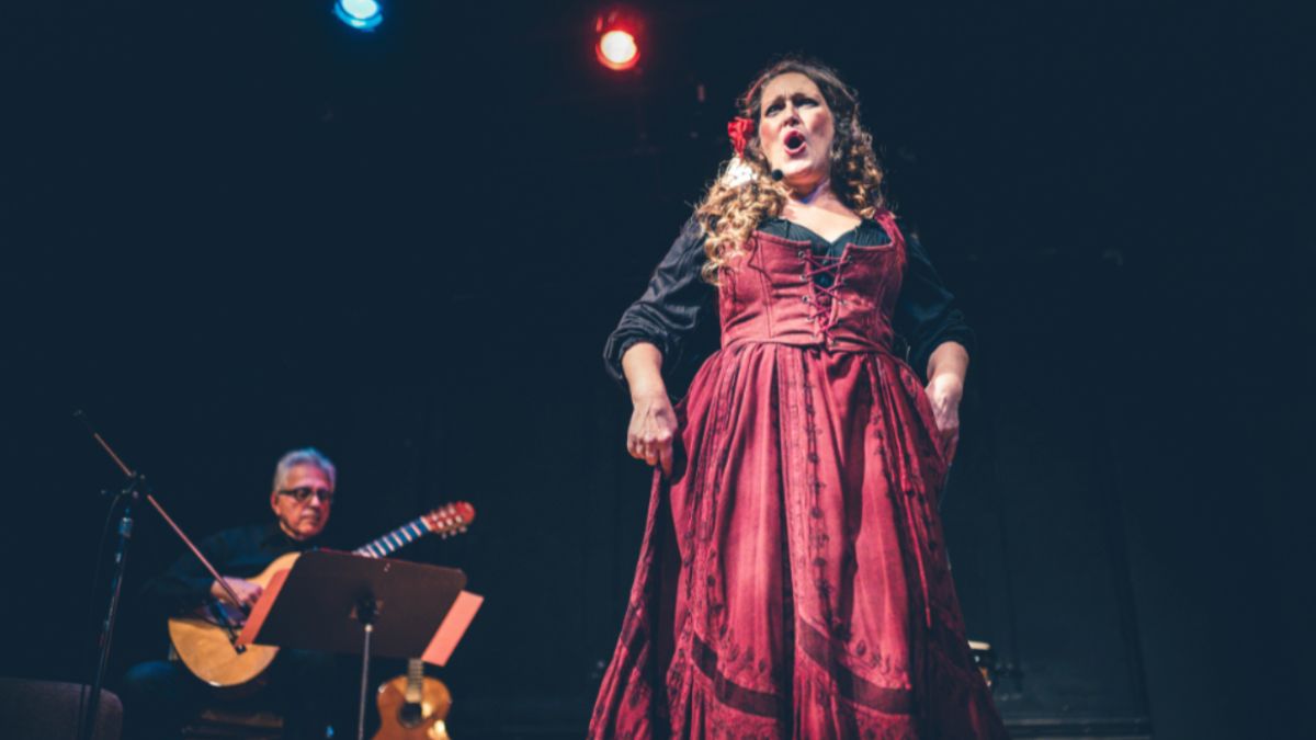 Singer performing in elegant red dress.