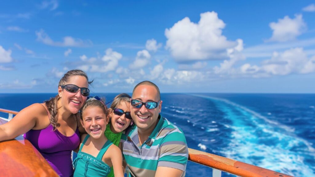 A family aboard a cruise ship, smiling and enjoying the ocean view.