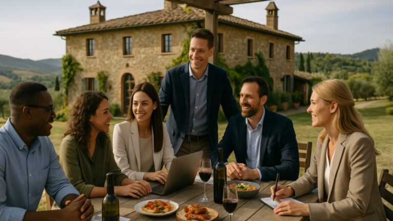 A corporate team in Tuscany collaborates outdoors during an international retreat with food and wine on the table.