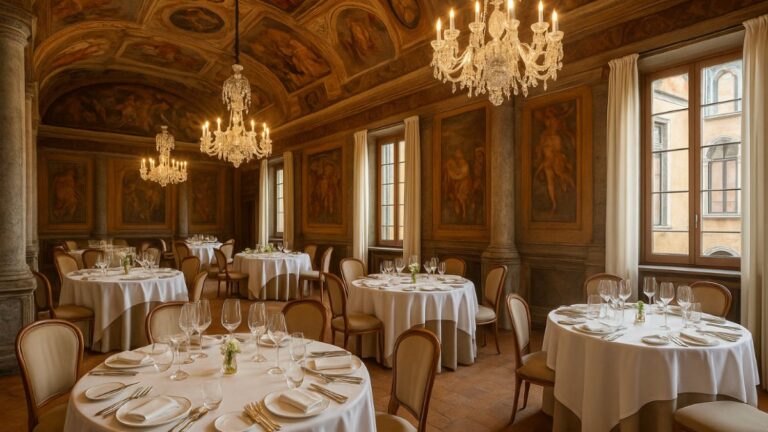 Elegant dining room inside historic Italian palazzo with frescoed ceilings and fine dining table settings.