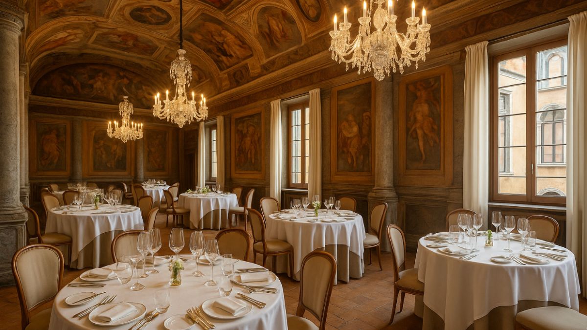 Blogs and Articles 3 Elegant dining room inside historic Italian palazzo with frescoed ceilings and fine dining table settings.