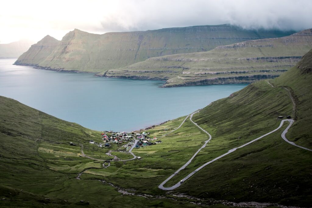 Aerial photography of a Faroe Islands village near the water