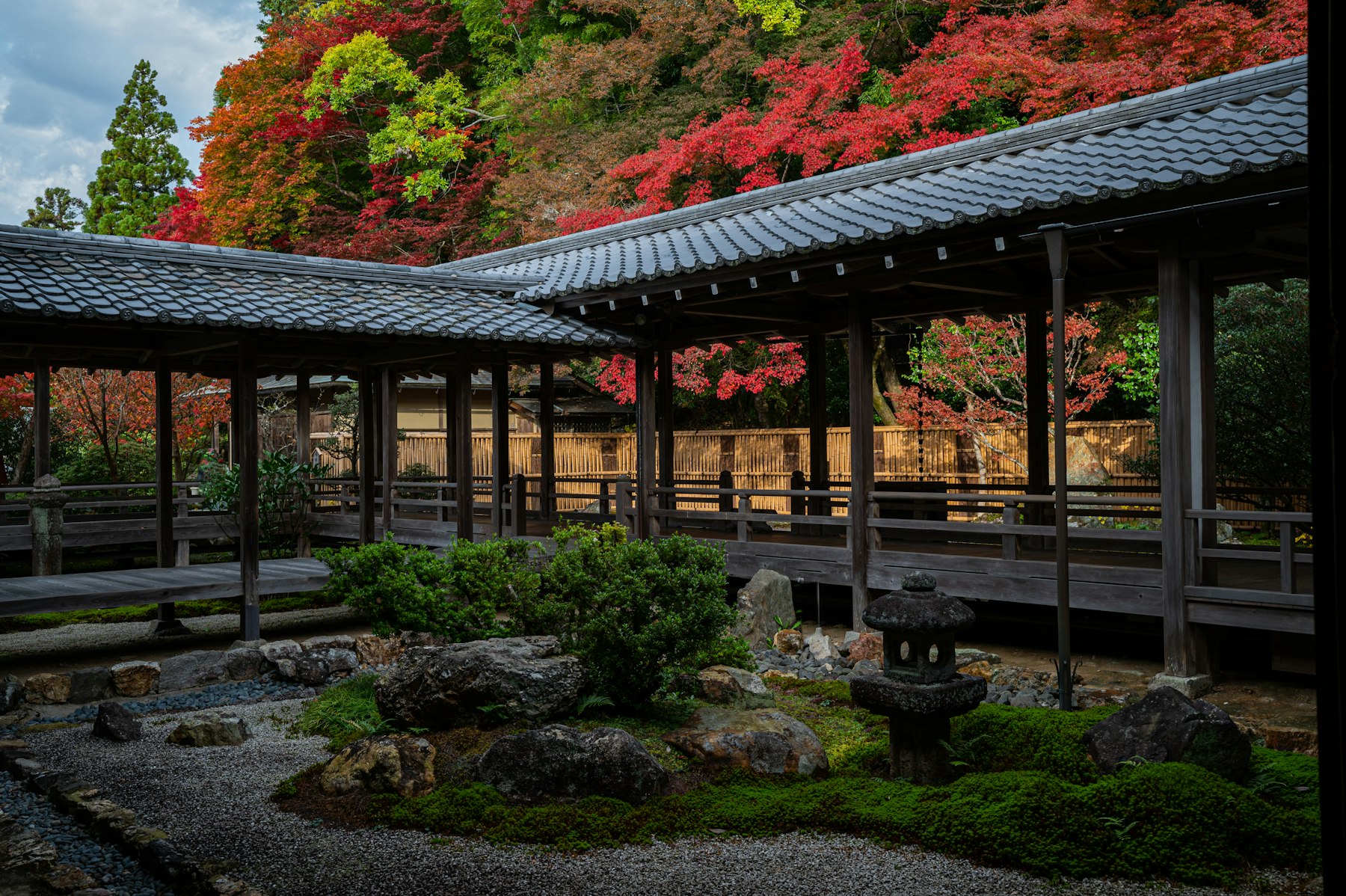 Autumn is arguably the best time to visit Japan: a wooden covered walkway runs through a Japanese garden lit by red and gold koyo foliage.