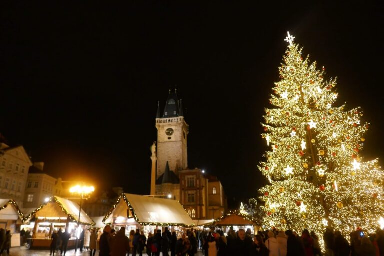 German Christmas market with a decorated tree and illuminated church at night