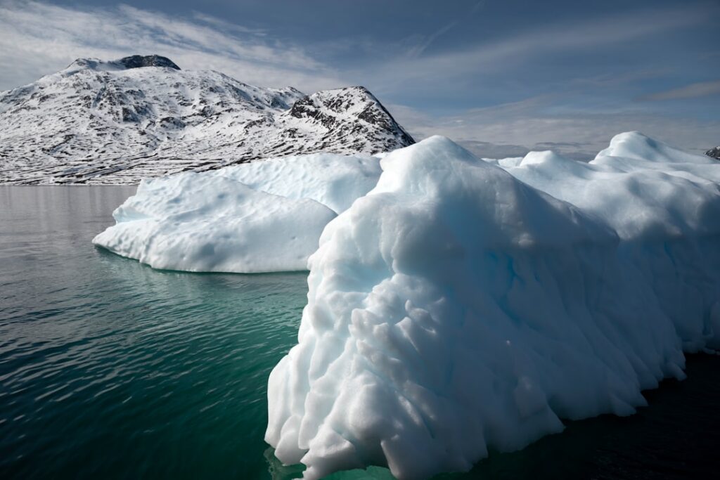 Icebergs float in the ocean with snow-capped mountains behind them in East Greenland