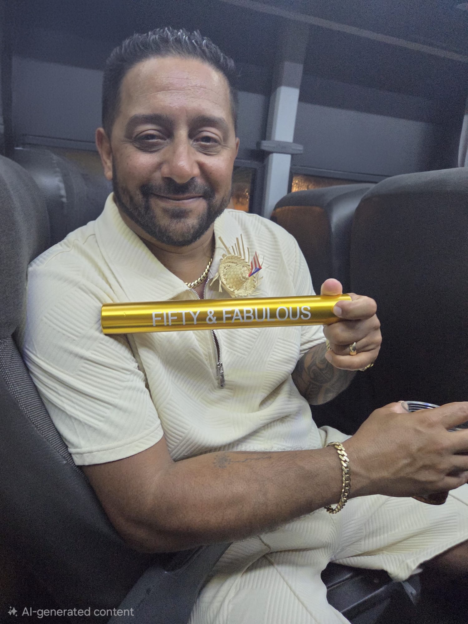 Javi holding a gold Fifty and Fabulous baton ahead of his 50th birthday cruise