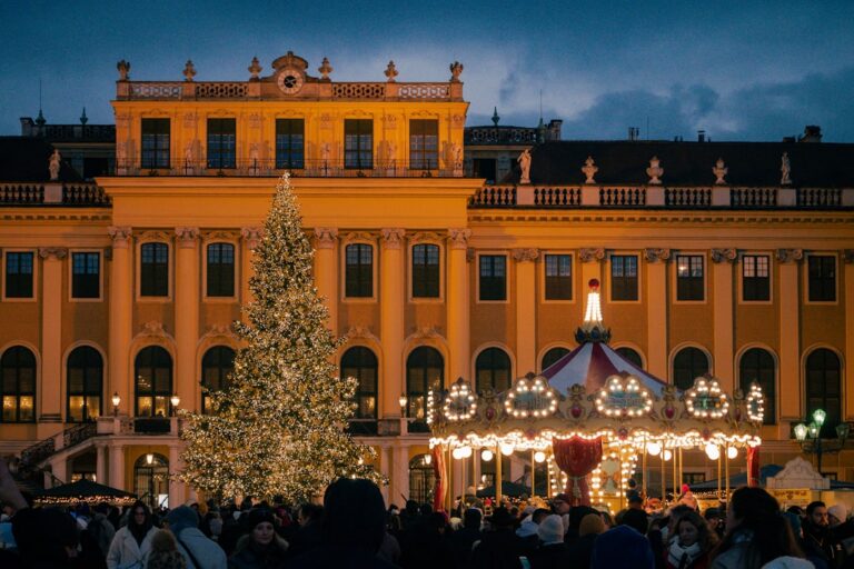 Large lit Christmas tree in front of Vienna's illuminated Christmas market
