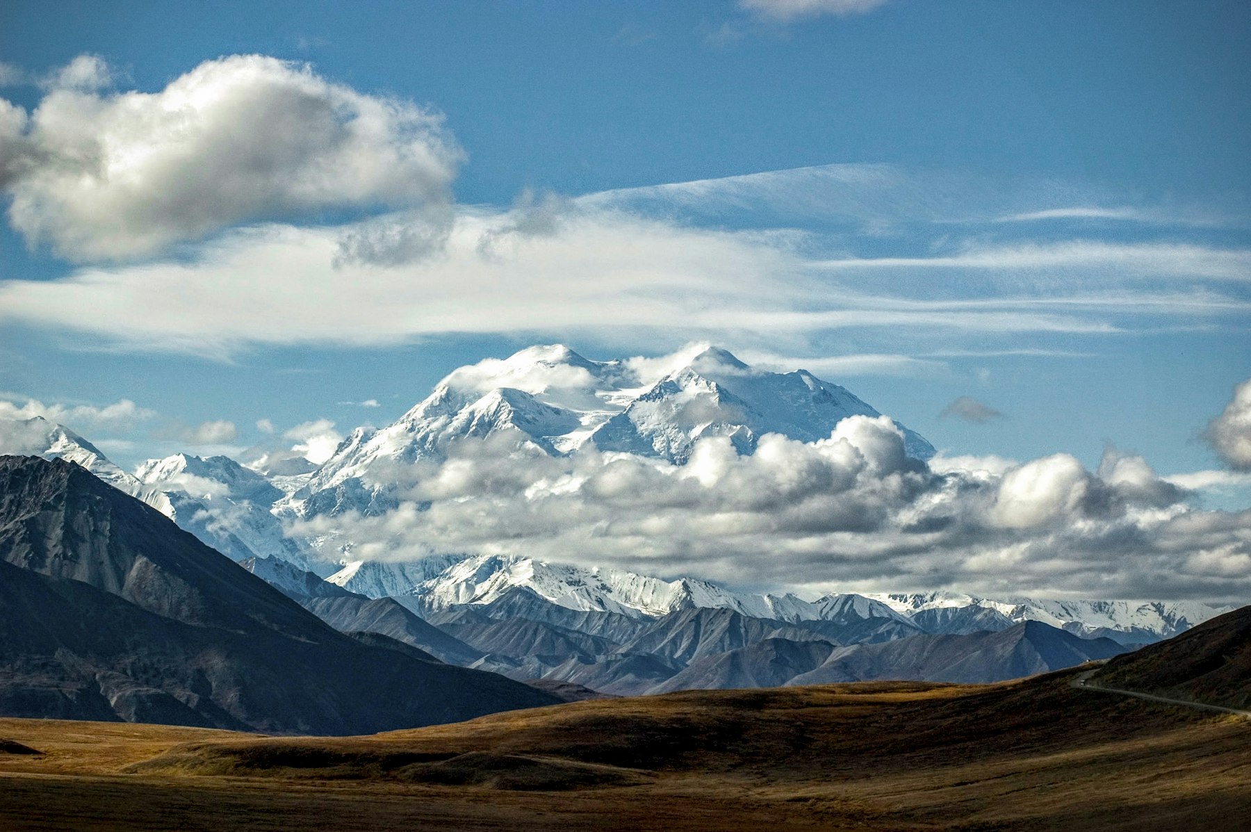 Snow-covered peaks in Denali National Park and Preserve, the land half of an 18-day Alaska cruise itinerary