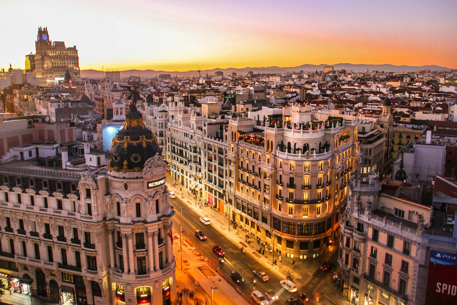 Gran Via in Madrid at dusk, host city of the Champions League final 2027 at the Estadio Metropolitano