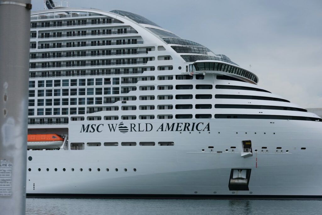 MSC World America at sea, one of the new megaships the family friendly cruise lines have built for multigenerational sailings.