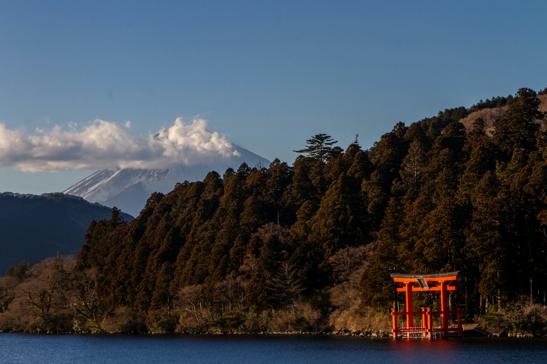 Hakone Shrine and Mount Fuji seen across Lake Ashi, the overnight stop on this 10 day Japan itinerary