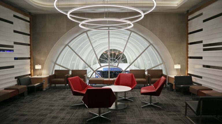 An airport lounge of the kind premium travel cards sell access to