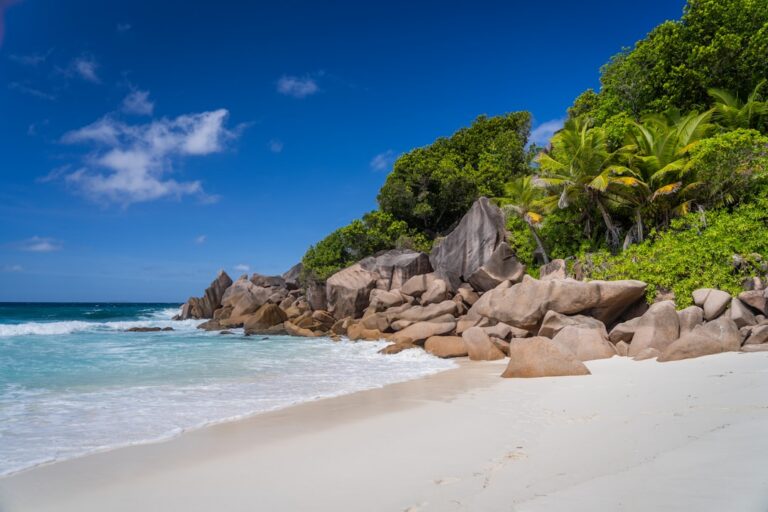 Remote tropical beach and granite coast in the Seychelles Outer Islands