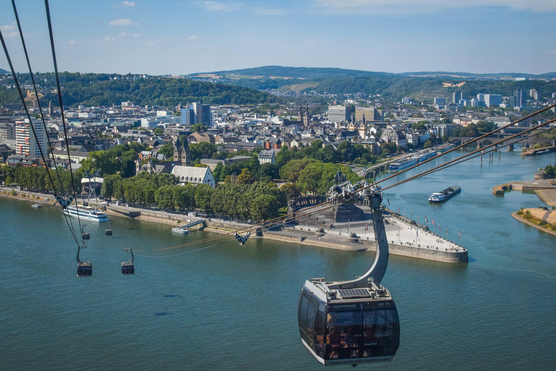 A cable car crossing the Rhine at Koblenz, the downstream gate of the gorge every Rhine river cruise passes through.