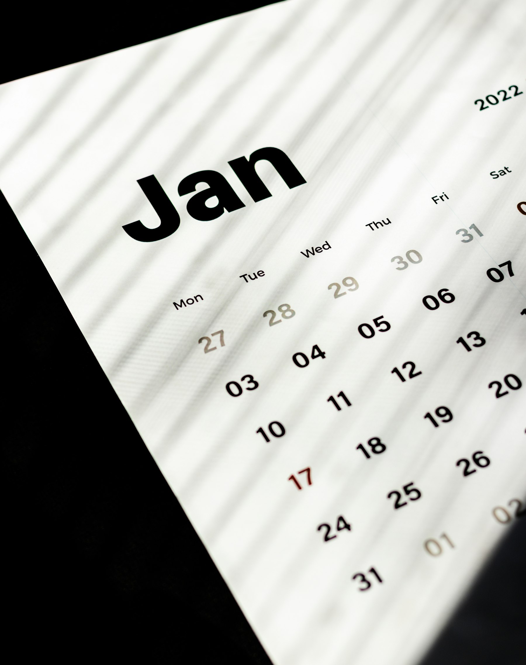 A close-up of a calendar turned to January, the month that decides how long a Southwest Companion Pass will last.