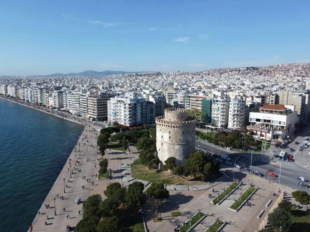 Aerial view of the Thessaloniki waterfront and the White Tower, one of the best tourist cities in Greece.