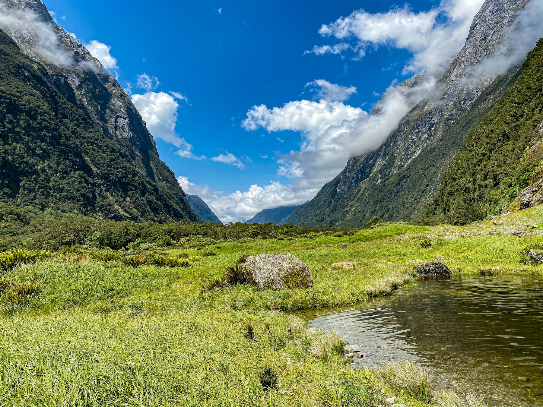 A glaciated valley floor on the Milford Track NZ route in Fiordland, with still water in the foreground and steep forested walls rising either side.