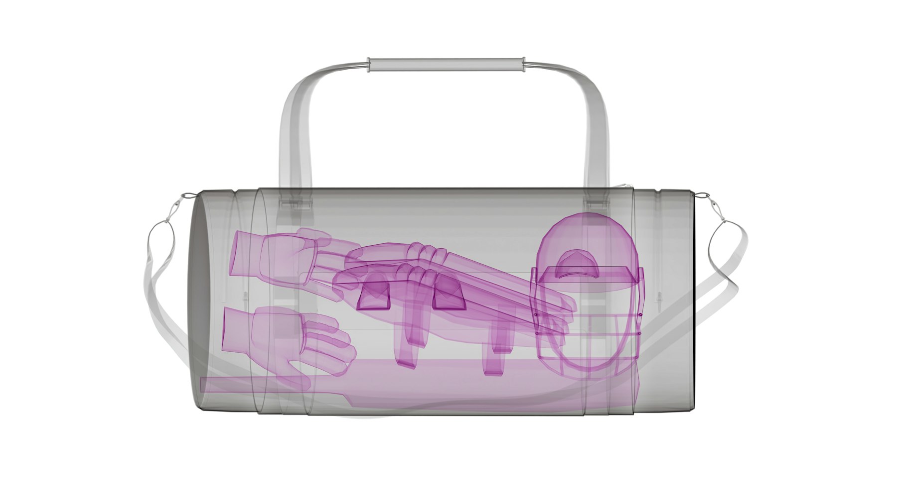 An X-ray view of a packed duffel bag, showing why TSA PreCheck benefits let electronics and liquids stay inside the bag.